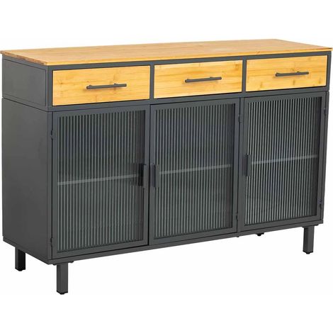 Aparador vidrio, metal y madera 3 cajones negro120x35x79,5h cm (1/5)