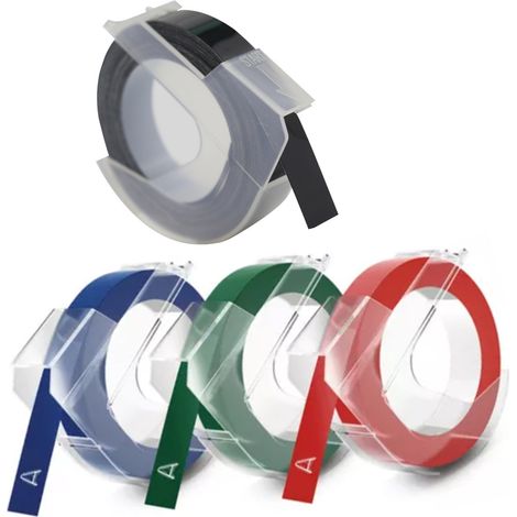 Lot de 4 rubans d'étiquetage de 9 mm, impression couleur, fond bleu, rouge, vert et noir. (1/5)
