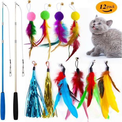 Jouet à Plumes pour Chats, Jouets interactifs pour Chats 2 bâtons drôles de Baguette rétractable et 10 Plumes de Remplacement (1/4)