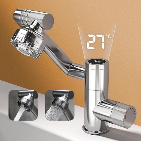 Mitigeur lavabo flexible avec douchette extractible 2 modes, robinet salle de bain en argent, mélangeur eau chaude froide design moderne (1/5)