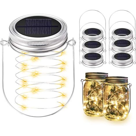 Lot de 6 guirlandes lumineuses solaires 20 LED avec couvercles en verre et 6 crochets pour décoration extérieure, sans bocaux.