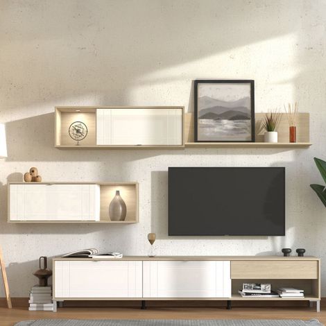Parete de Almacenaje Elice, Mueble de Salón 7 Estantes, un Cajón, Modular, 234x40x176h cm Blanco Mate (1/5)