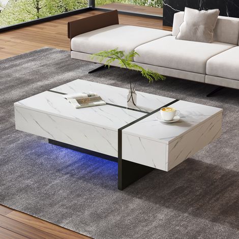 Table basse avec 3 Tiroirs et LED Contrôlée par Application, Plateau Brillant Motif Marbre, en Panneaux, Blanc