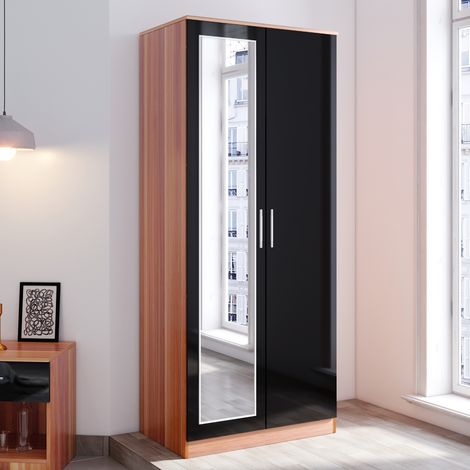 ELEGANT Modern Soft Close 2 Doors Wardrobe with Mirror and Metal Handles Includes a removable hanging rod and storage shelves, Black/Walnut