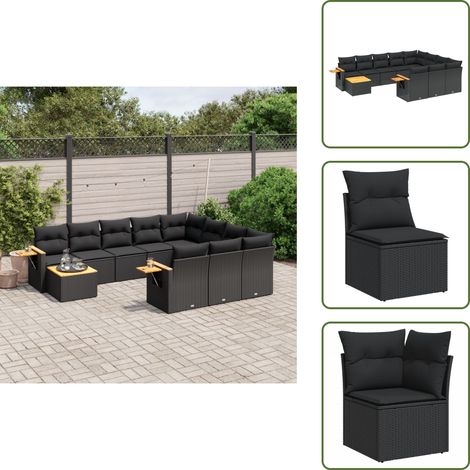 The Living Store Salon de jardin 11 pcs avec coussins noir résine tressée - Ensemble Salon De Jardin - Meuble Extérieur - Jardin Design - Mobilier De Jardin - Chaise Lounge