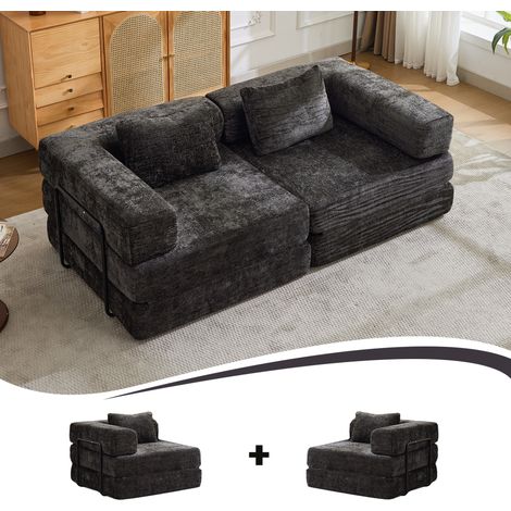 Canapé convertible pliable modulable 2 places, lit banquette au sol, sans montage, tissu chenille noir (1/5)