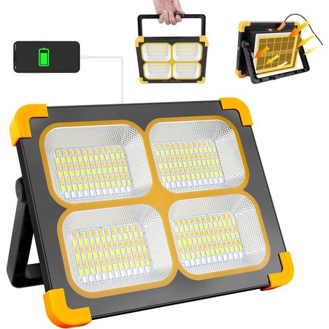 Projecteur LED Rechargeable, 120W 10000LM Lampe Chantier, Lumière de Travail Portable avec Panneau Solaire, 348 LEDs 4 Modes d'éclairage, Absorption d'aimant, Idéal pour Camping, Travail, Pêche [Class (1/5)
