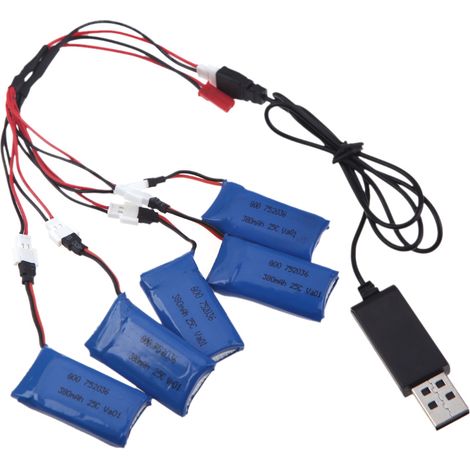 Batteries et chargeurs pour mini-quadricoptères Hubsan série H107 Wltoys Walkera : 5 batteries LiPo 3,7 V 380 mAh et chargeur inclus (compatibles avec les modèles Hubsan H107, Wltoys et Walkera).