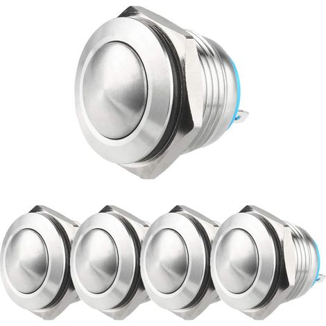 5 boutons-poussoirs 16mm inox momentané, pour panneau/atelier (1/5)