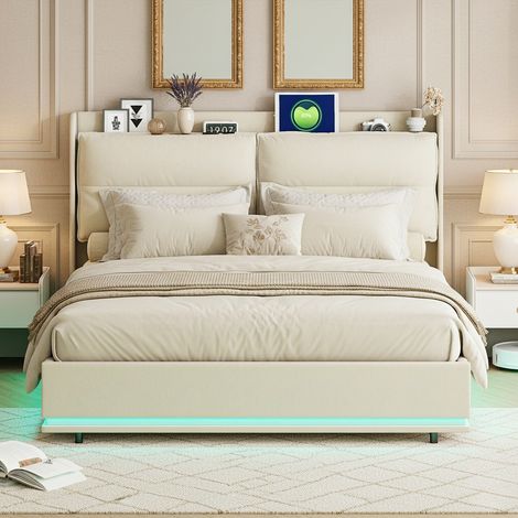 Letto contenitore 140x200, letto matrimoniale per adulti con illuminazione LED e stazione di ricarica, velluto, stile elegante, Beige
