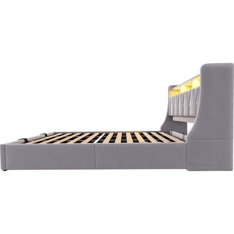 Cama abatible capitoné 180 x 200 cm de terciopelo gris claro con LED, enchufe y almacenaje (1/5)