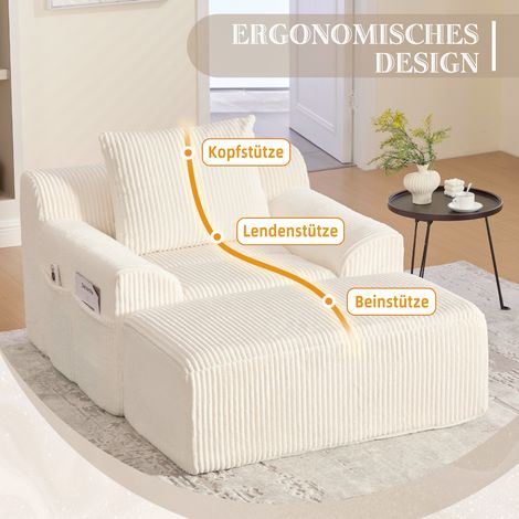 Fauteuil velours côtelé beige extra-large avec repose-pieds, poches latérales / coussins, sans assemblage pour détente lecture