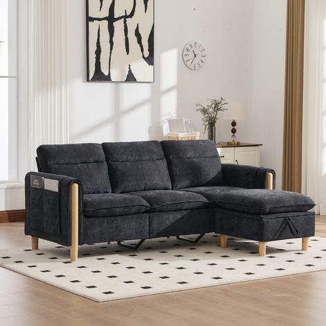 Divano a 3 posti 201x77x86 cm, chaise longue reversibile con vano contenitore, tasche laterali, chenille nero (1/5)