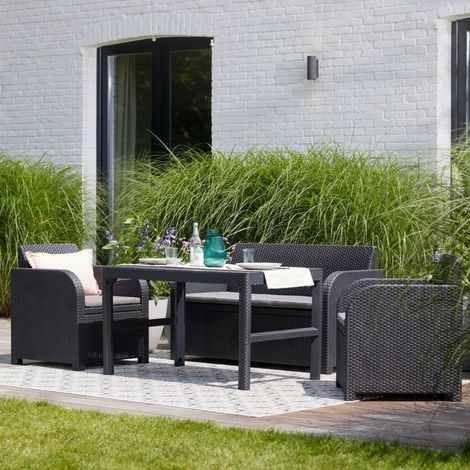 Dmora - Loungeset für draußen Joliette, Outdoor-Lounge mit Couchtisch, Terrassenset mit Kissen, 129x62 h77 cm, Anthrazit (1/5)