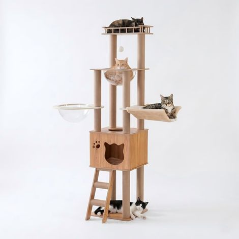 155 cm Grand Poteau à gratter avec Capsule Spatiale, en Jute, échelle, Cave, Jouet pour Chat, Plateformes en Peluche (1/5)