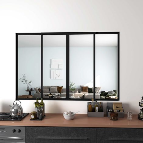 Vetrata Scorrevole Interna 183x108 cm in Vetro Temperato 4 Lastre Corniciate Profilo Nero Opaco Divisorio da Casa (1/4)