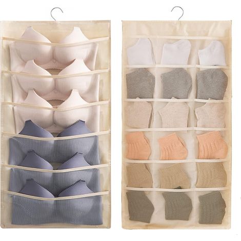 Hängender Organizer – 30 Hängetaschen für Kleiderschrank, BHs, Unterwäsche, Socken, Krawatten, großer wandmontierter Kleiderorganizer, platzsparend, doppelseitig (24 weiße Reis) (1/5)