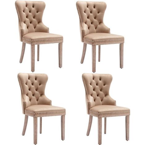 Lot de 4 chaises salle à manger velours brun - Pieds bois massif, cloutées, style campagne (1/5)