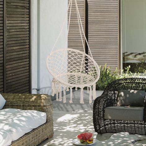 Outsunny Chaise Suspendue Fauteuil suspendu intérieur extérieur Chaise hamac de Voyage Portable Ø 80 x 42H m macramé Coton Polyester Beige