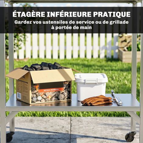 Chariot barbecue table préparation extérieur plan travail roulettes acier inoxydable, 85x60x92 cm, argenté (1/5)