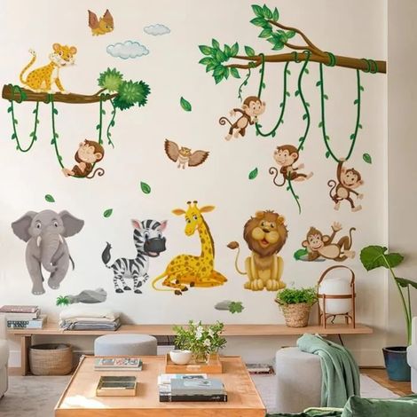 Stickers Muraux Animaux De La Jungle Arbre Autocollants Muraux Mural Stickers Singe Lion Zèbre Pour Chambre Enfants Bébé Pépinière (1/4)