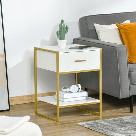 HOMCOM Nachttisch, Beistelltisch mit Schublade und Ablagefach für Schlafzimmer, Wohnzimmer, Büro, moderner Stil, 45 x 40 x 60 cm, Weiß