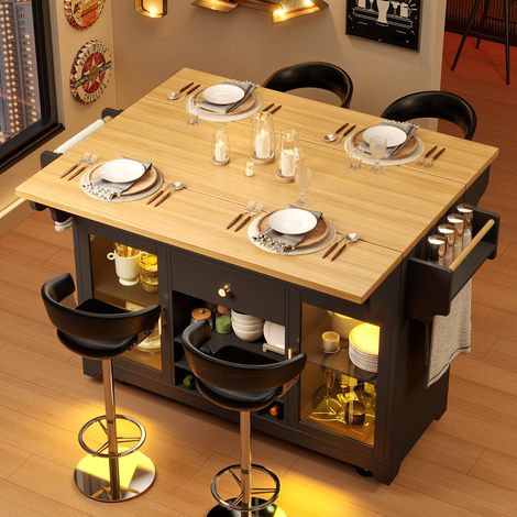 Îlot de cuisine extensible 120×40-80×95cm,bande lumineuse LED RVB,Table de bar avec rangement et casier à vin,Table à manger,buffet,Noir (1/5)