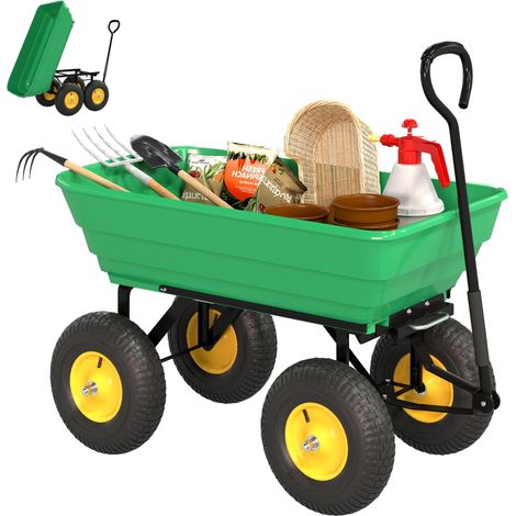 Chariot de jardin 75L en acier et PP, cuve basculante avec poignée de transport, dimensions 109×52×94 cm vert foncé