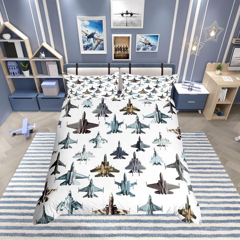 Housse de Couette Garcon Avion de Chasse, Parure de Lit 140x200 Enfant Imprimé Camouflage Militaire À Réaction, Sets de Housses de Couettes Avion de L'Armée, Couvre Lit Blanc Moderne - 140x200cm + 1 T (1/5)