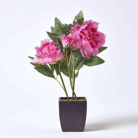 HOMESCAPES Pink Artificial Peonies in Decorative Black Pot, 48 cm Tall