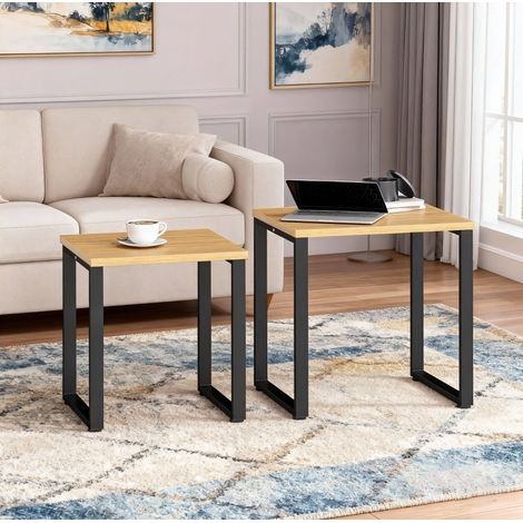 Mesa de centro juego de 2 en madera y metal color madera natural, ahorra espacio, 60 x 50 x 60 cm (1/5)