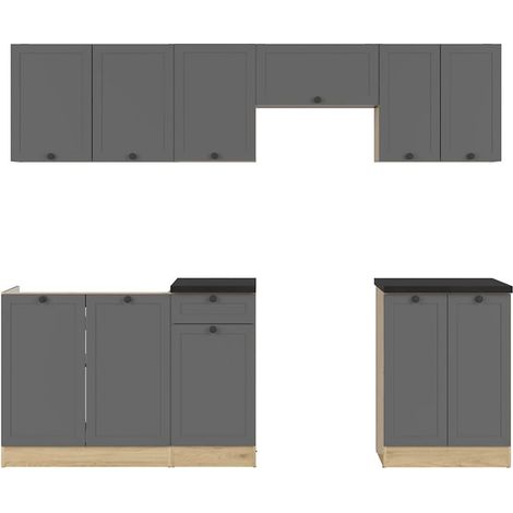 Cuisine complète 240 cm,Ensemble de meuble de cuisine coloris Gris graphite/Chêne graphite, plan de travail noir inclus (1/3)