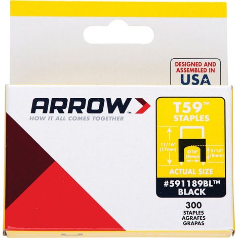 Arrow T59 Insulated Staples Black 6 x 6mm (Box of 300) for Arrow Staple Guns, Model A591168BL