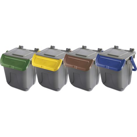 Set 4 bidoni porta rifiuti - capacità 25 litri - bicolor con fondo grigio e coperchi con sportelli basculanti colorati (Giallo, Blu, Verde e Marrone) per raccolta differenziata