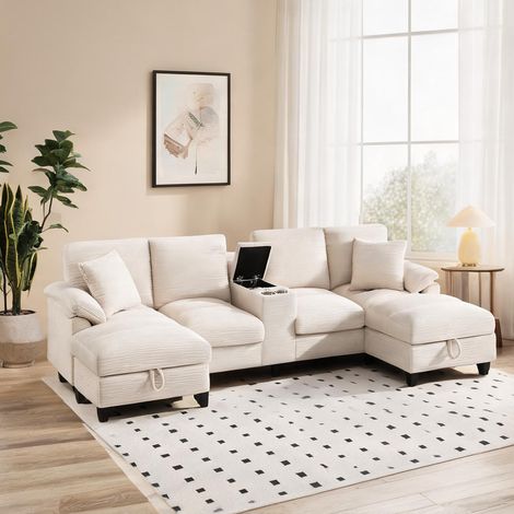 Sofa d'angle en velours côtelé beige avec rangement et ports USB (1/5)
