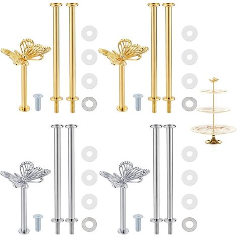 Lot de 6 supports à cupcakes à 3 niveaux - Motif papillon doré argenté - Kit de fixations pour plateau à fruits - Poignée pour décoration de dessert - Présentoir de fête de mariage