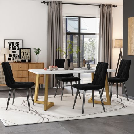 Ensemble de salle à manger MDF et métal noir, table 117x68 cm effet marbre blanc avec 4 chaises en velours noir (1/5)