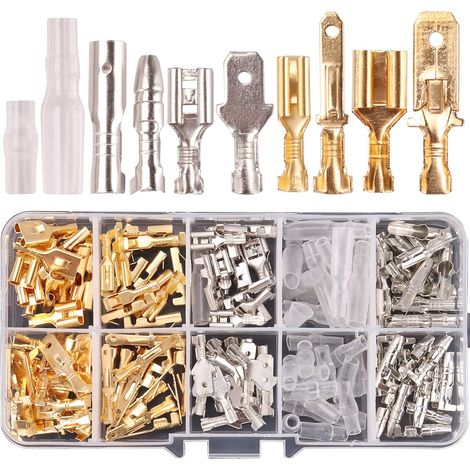150-teiliges Set mit 2,8 mm, 4,8 mm, 6,3 mm Kabelverbindern (Flachstecker) und 3,9 mm Steckverbindern (Rundstecker), Stecker und Buchsen, Schnellverbinder, Crimp-Klemmenblöcke für DIY-Elektroinstallat