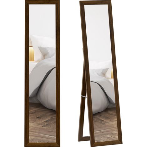 Miroir sur pied 157 x 37 cm avec cadre en MDF, miroir incliné ou à suspendre, bois de noyer