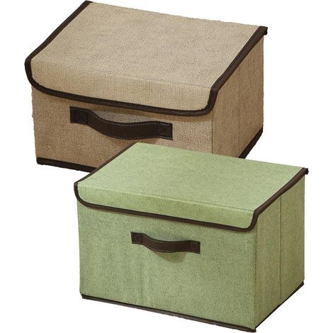 Set of 2 Storage Boxes, Lid, Handle, Non-woven Fabric, Beige and Green, Home (1/5)