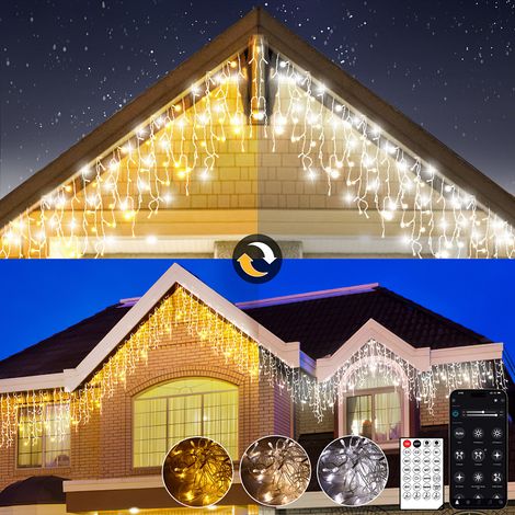 5-30m Luci Natale da Esterno Cascata, Tenda Luci Natale Bianco Caldo/Freddo con APP e Telecomando, 17 Modalità, 4 Luminosità, Timer - 15M 600 LED