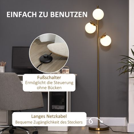 Lampadaire rétro, lampe sur pied avec 3 abat-jours en verre, doré (1/5)