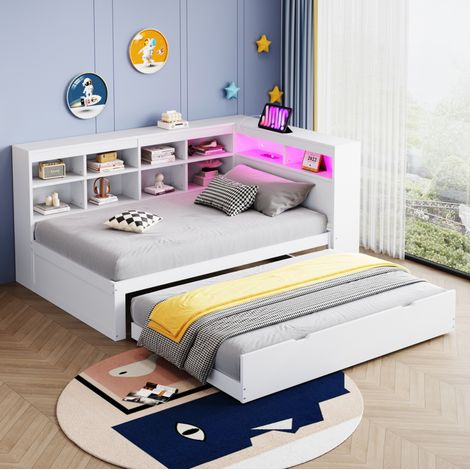 Sofá cama 90x200 cm blanco de madera maciza con cama nido, LED, USB y almacenaje (1/5)