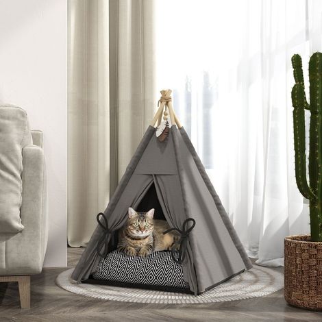 Tipi para gatos 60 x 60 x 76 cm, cojín extraíble y lavable, base antideslizante, gris OKMYHOME (1/5)