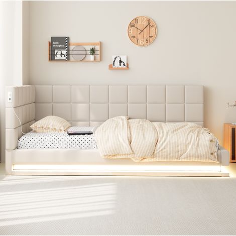 Letto divano imbottito 90x200 cm moderno in lino beige con rete a doghe, LED RGB e presa USB (1/5)