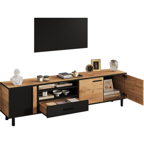 ELVMI Mobile TV con 3 Ante, 1 Cassetto e 2 Vani Semi-Aperti, per Soggiorno, 180 x 32,5 x 50 cm, Nero Legno (1/5)