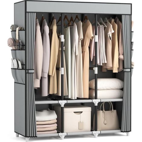 Armoire en Tissu, Wardrobe Armoire Chambre avec 3 tiges de Suspension, 6 étagères de Rangement et Poches latérales, Tube métal de 19 mm, Dressing Garde Robe Adulte pour Chambre à Coucher Gris (1/4)