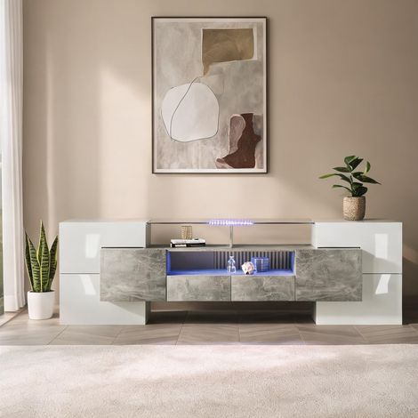 Meuble TV laqué blanc brillant 200 cm avec éclairage LED en MDF (1/5)