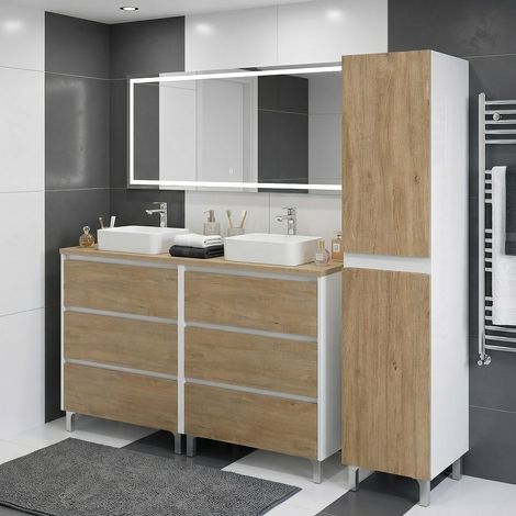 Ensemble meuble double vasque à poser L. 120 cm + 1 colonne sur pied Blanc laqué 6 tiroirs Chêne naturel LISBONA (1/4)