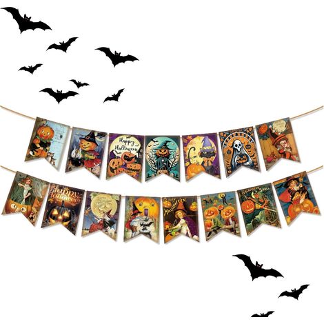 Guirlande de citrouilles décoratives - Bannière d'Halloween, fanion réutilisable avec motif citrouille, pour cheminée, mur (1/5)